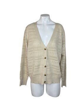 FRYE Button Front Cardigan, Pointelle Knit, Long Sleeve, Lightweight, Size Large